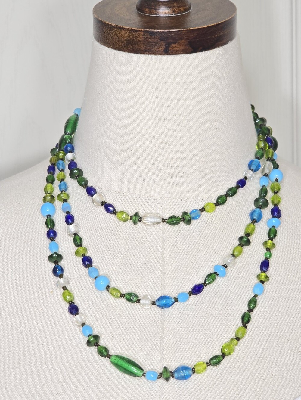 Sky Blue, Aqua and Green Nature-inspired Molded Art Glass Beaded Boho Necklace
